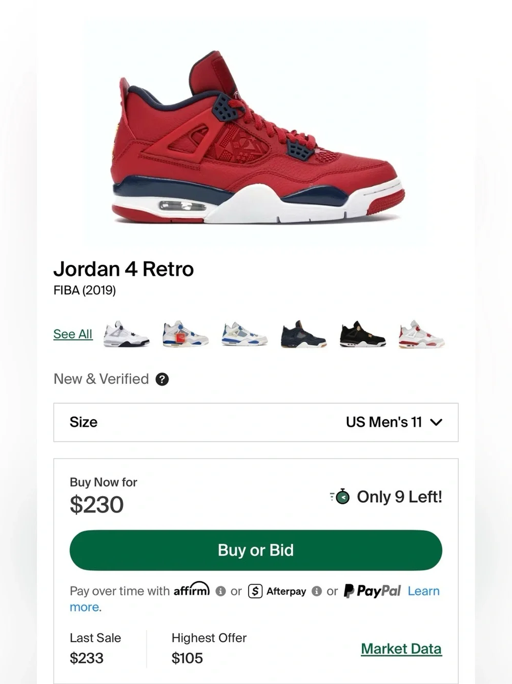 Jordan 4 Retro ‘FIBA’ 2019 (Sz 11M)